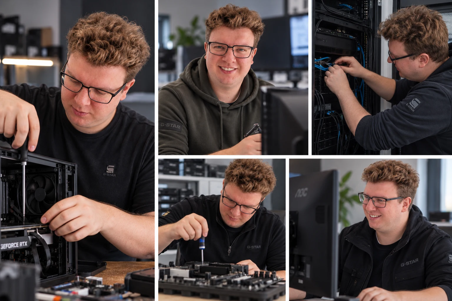 Ole Hohberg bei der Arbeit an Computern und Netzwerktechnik